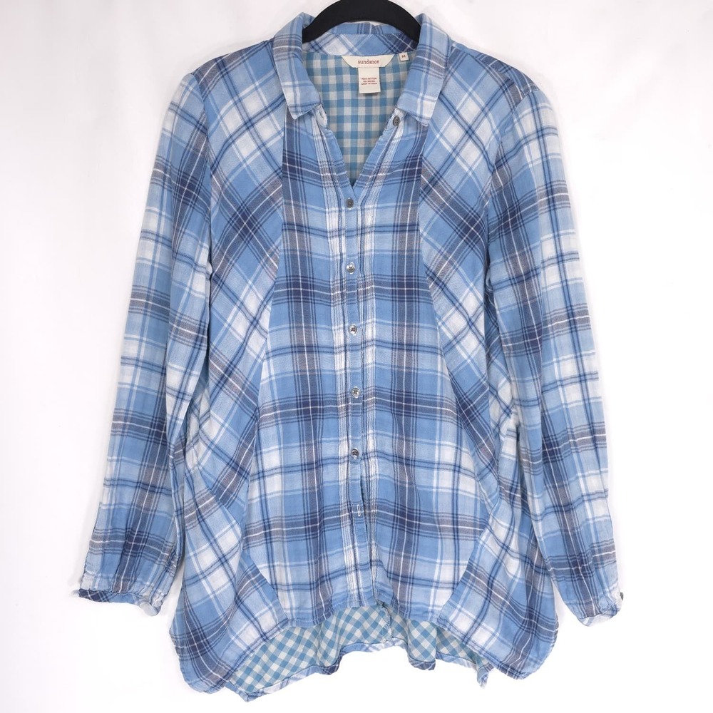 SUNDANCE Plaid Check Button Shirt Blue 100% Cotton Women's MEDIUM Top